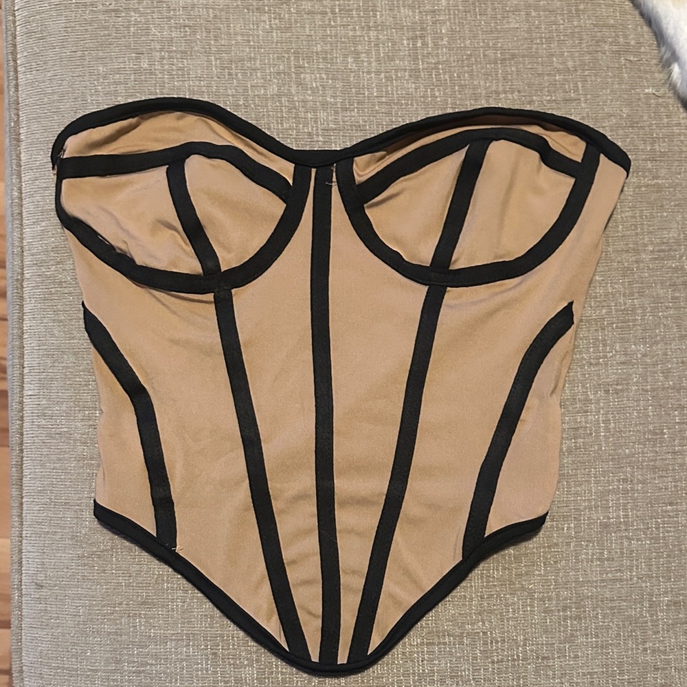 SHEIN Tan Corset Style Strapless Crop Top with Black Trim